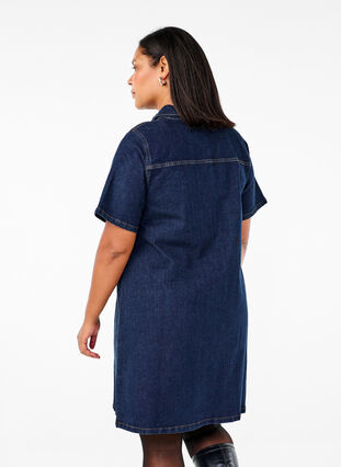 Zizzifashion Denim dress with short sleeves and chest pockets, Dark Blue Denim, Model image number 1