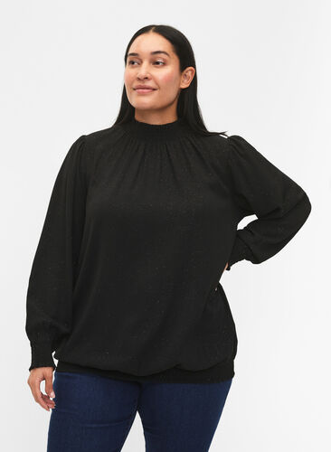 Zizzifashion FLASH - Long sleeved blouse with smock and glitter	, Black w. Silver, Model image number 0