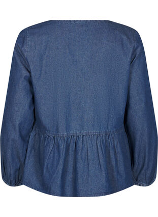 Zizzifashion Peplum blouse in denim with a tie fastening, Dark Blue Denim, Packshot image number 1