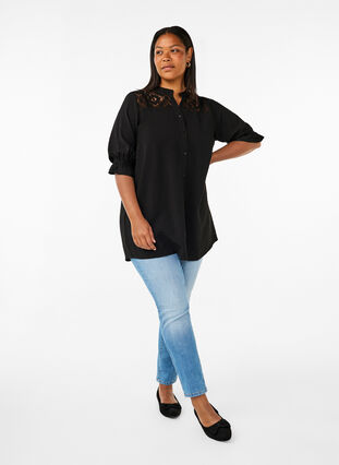 Zizzifashion Long viscose shirt with lace detail, Black, Model image number 2