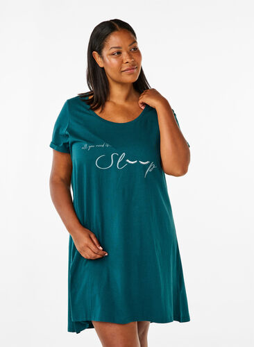 Zizzifashion Short-sleeved nightgown in organic cotton, Deep Teal Sleep, Model image number 0