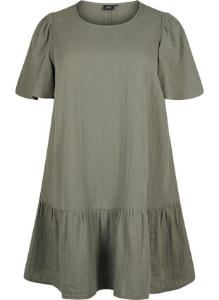 Zizzifashion Cotton short-sleeved dress with a-line cut, Thyme, Packshot image number 0