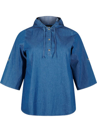 Zizzifashion Denim blouse with hood, Medium Blue Denim, Packshot image number 0