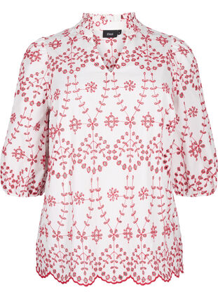 Zizzifashion 3/4 sleeve blouse with contrasting anglais embroidery, White w. Red, Packshot image number 0