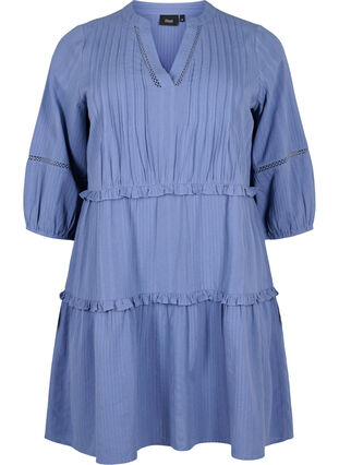 Zizzifashion 3/4 sleeve cotton dress with ruffles, Moonlight Blue, Packshot image number 0