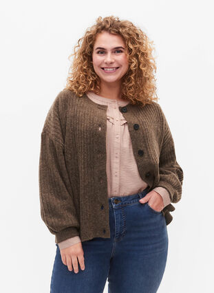 Zizzifashion Ribbed knitted cardigan with buttons, Brown Mel., Model image number 0