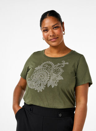 Zizzifashion Cotton t-shirt with rhinestone motif, Thyme w. Rhinestones, Model image number 0