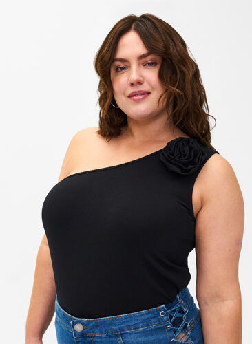 Zizzifashion One-shoulder top with rose, Black, Model image number 0