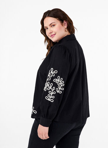 Zizzifashion Loose cotton shirt with embroidery, Black, Model image number 1