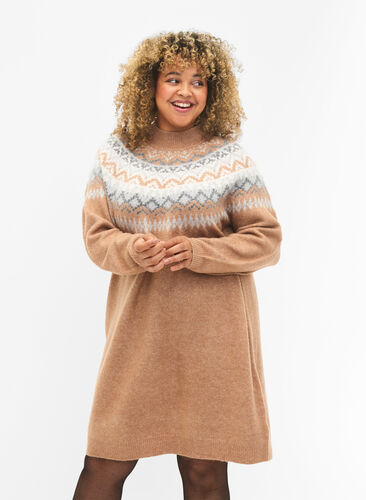 Zizzifashion Patterned knitted dress with long sleeves, Chipmunk Mel. Comb, Model image number 0