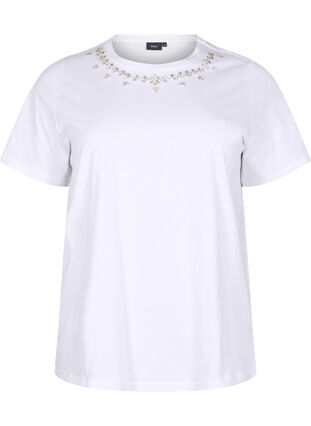 Zizzifashion T-shirt with round neck and rhinestones, Bright White, Packshot image number 0