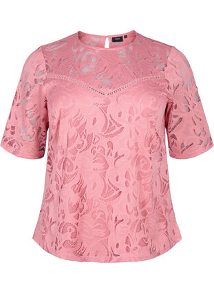 Zizzifashion Lace blouse with short sleeves, Dusty Rose, Packshot image number 0