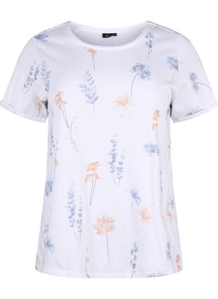 Zizzifashion Organic cotton T-shirt with floral print, White W. Blue flower, Packshot image number 0