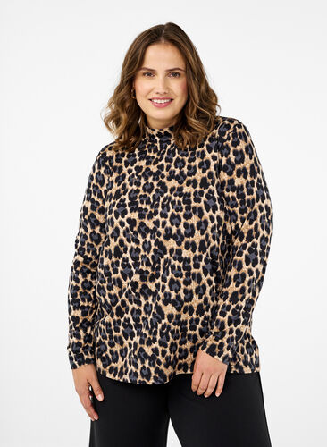 Zizzifashion FLASH - Long sleeve blouse with turtleneck, Leopard Print , Model image number 0