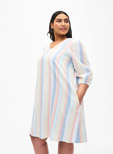 Zizzifashion Cotton blend short dress with linen, Multi Color Stripe, Model image number 0