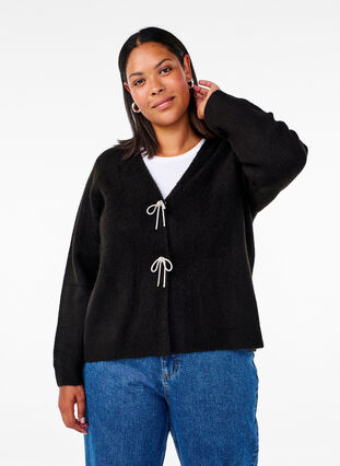 Zizzifashion Knitted cardigan with a silver bow, Black, Model image number 0