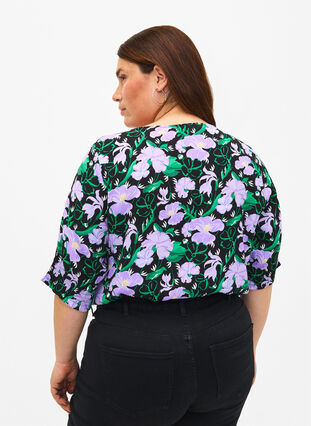 Zizzifashion Viscose blouse with buttons, Black Small Flower, Model image number 1