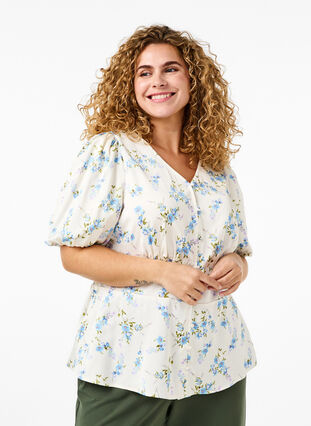 Zizzifashion Floral satin blouse with puff sleeves, Off White Blue Fl., Model image number 0