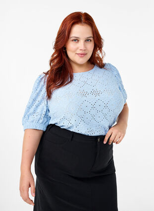 Zizzifashion Short-sleeved blouse with lace pattern, Cashmere Blue, Model image number 0