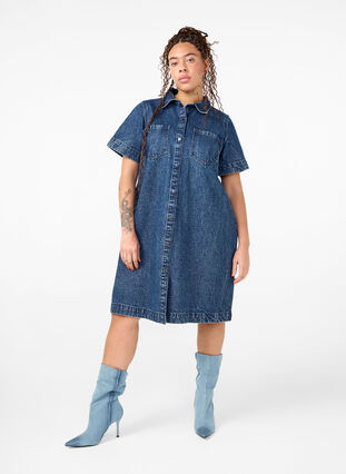 Zizzifashion Long denim shirt with short sleeves, Blue Denim, Model image number 2