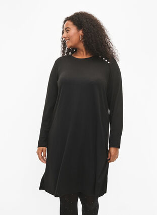 Zizzifashion Long-sleeved jersey dress with button detail, Black, Model image number 0