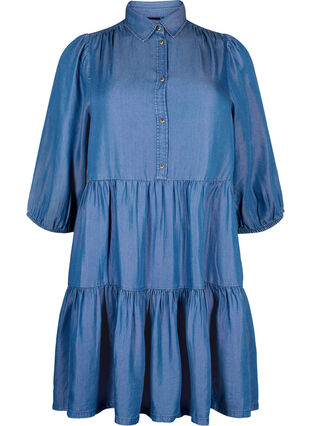 Zizzifashion Denim dress in TENCEL™ Lyocell with 3/4 sleeves, Blue Denim, Packshot image number 0