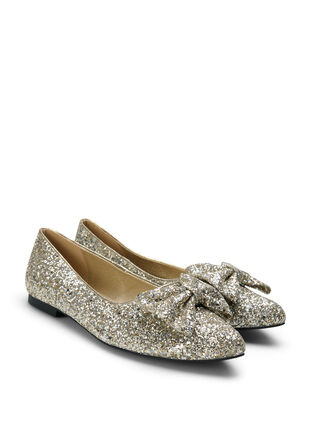 Zizzifashion Wide fit glitter ballerina with bow, Gold Glitter, Packshot image number 1