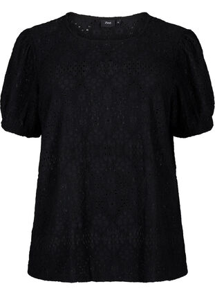 Zizzifashion Short-sleeved blouse with lace pattern, Black, Packshot image number 0