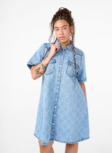 Zizzifashion Denim dress with destroy pattern and short sleeves, Blue Denim, Model image number 0