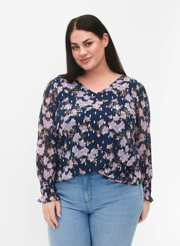 Zizzifashion Floral blouse with long sleeves and V-neck, Blue Small Fl. AOP, Model image number 0