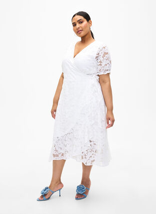 Zizzifashion Wrap dress with lace and short sleeves, Bright White, Model image number 3