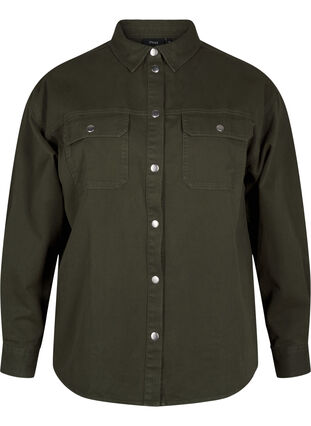 Zizzifashion Solid-colored denim shirt with chest pockets, Forest Night, Packshot image number 0