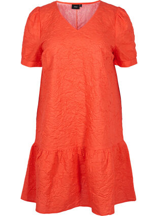 Zizzifashion Textured dress with short puff sleeves, Mandarin Red, Packshot image number 0