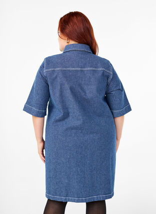 Zizzifashion Pinstripe denim dress with chest pockets, Blue Denim Stripe, Model image number 1