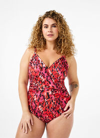 Swimsuit with print and wrap effect, Red Leopard AOP, Model