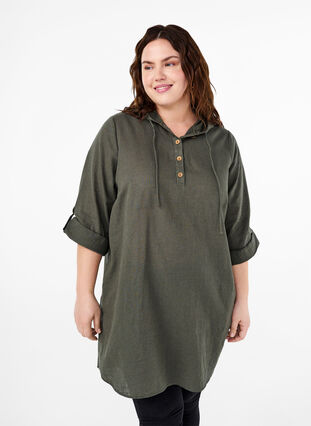 Zizzifashion Hooded tunic in cotton and linen, Thyme, Model image number 0