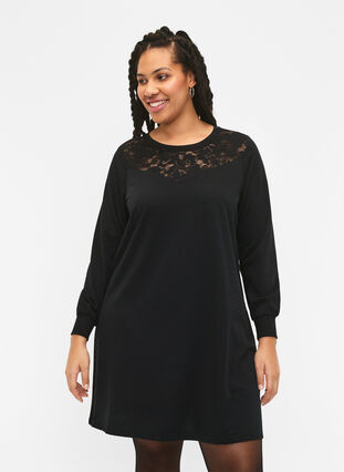 Zizzifashion Sweat dress with lace, Black, Model image number 0