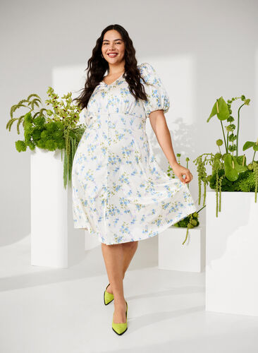 Zizzifashion Floral satin dress with puff sleeves, Off White Blue Fl., Image image number 0