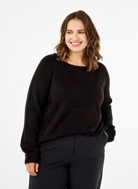 Loose-fitting knitted blouse with round neck, Black, Model