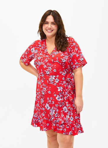 Zizzifashion FLASH - Wrap dress with short sleeves, Poinsettia Flower, Model image number 0