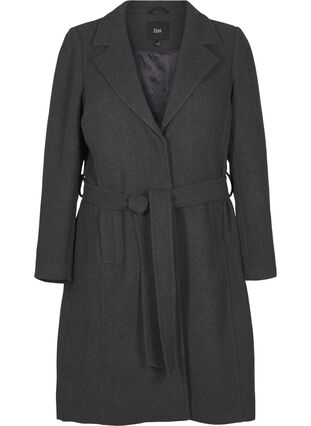 Zizzifashion Long wool coat with belt, Dark Grey Melange, Packshot image number 0