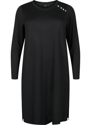 Zizzifashion Long-sleeved jersey dress with button detail, Black, Packshot image number 0