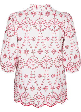 Zizzifashion 3/4 sleeve blouse with contrasting anglais embroidery, White w. Red, Packshot image number 1