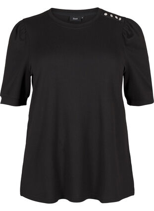 Zizzifashion Blouse with button detail and short puff sleeves, Black, Packshot image number 0