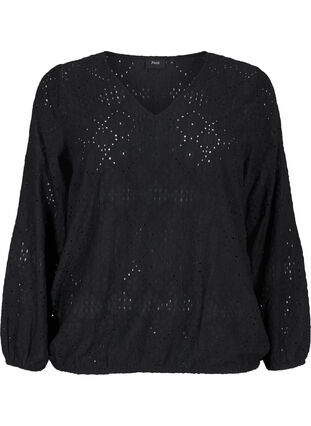 Zizzifashion Long-sleeved blouse with V-neck and hole pattern, Black, Packshot image number 0