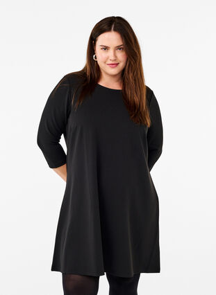 Zizzifashion FLASH - Short dress with an A-line shape and 3/4 sleeves, Black, Model image number 0