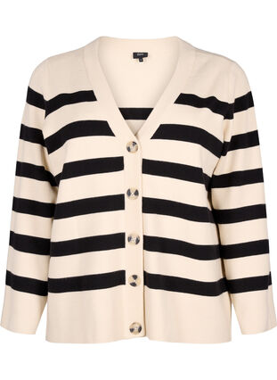 Zizzifashion Striped knitted cardigan with V-neck, Birch w. Black, Packshot image number 0