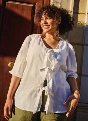Zizzifashion 3/4 sleeve cotton blouse in a cotton blend with linen, Bright White, Image image number 0