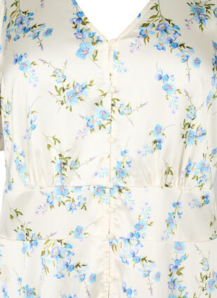 Zizzifashion Floral satin dress with puff sleeves, Off White Blue Fl., Packshot image number 2