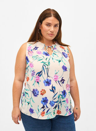 Zizzifashion Floral top with tie detail, Buttercream Blue Fl., Model image number 0